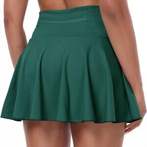 Women's Green High-Waisted Pleated Tennis Skirt with Pockets, Breathable Workout